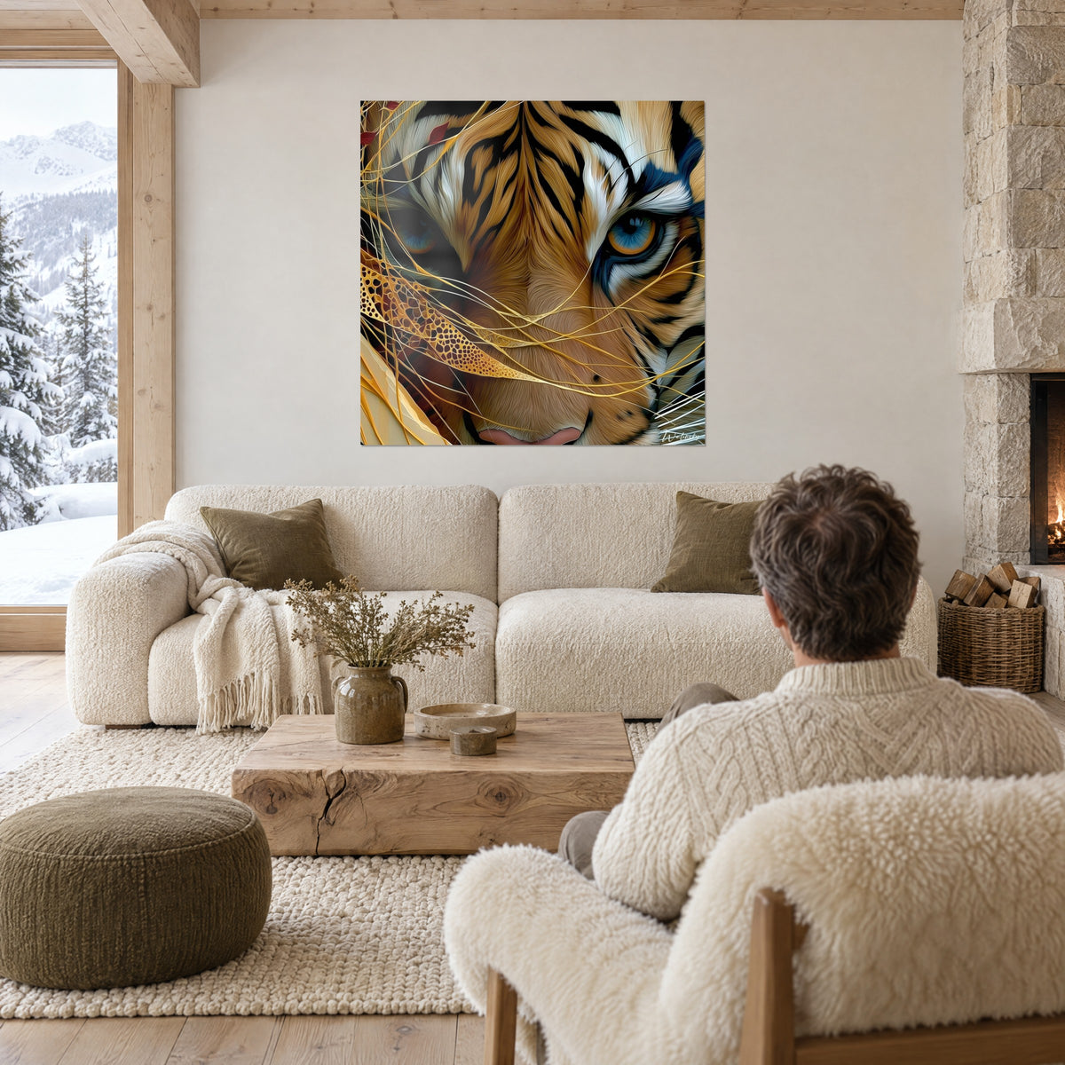 Tableau tigre aux yeux bleus cerclés d'ambre, rayures noires et fur orangé, un homme de dos au-dessus d'un canapé dans un salon lumineux
