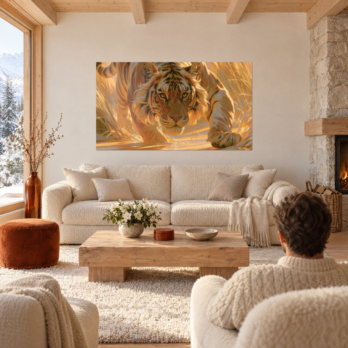 Gemälde einer gestreiften Raubkatze mit Blick in die Kamera, bernsteinfarbenes und cremiges Fell, goldenes Gras, über einem Sofa in einem hellen Wohnzimmer