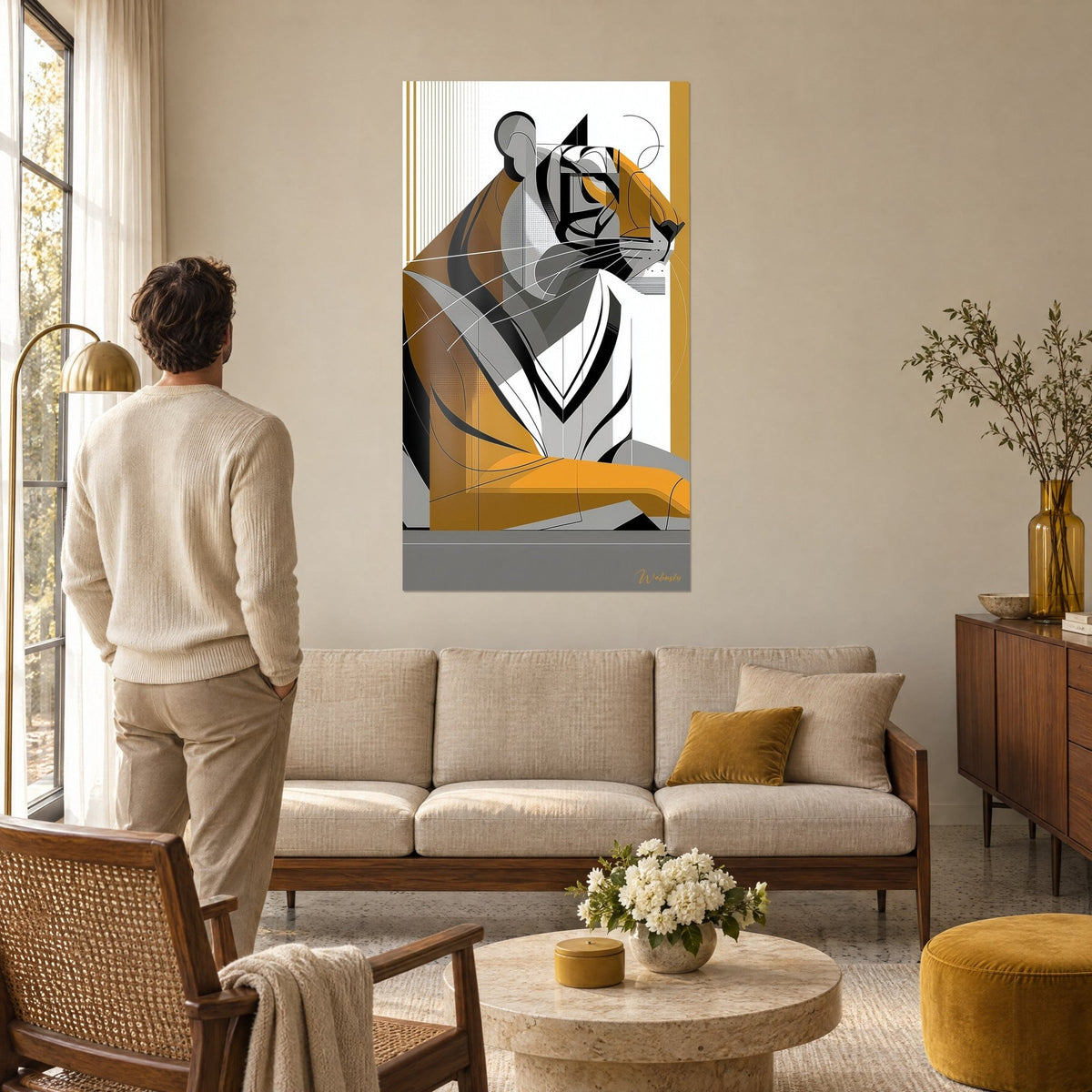 Wall art geometric amber and grey tiger with fine wire whiskers, viewed by a man from behind, above a sofa in a bright living room