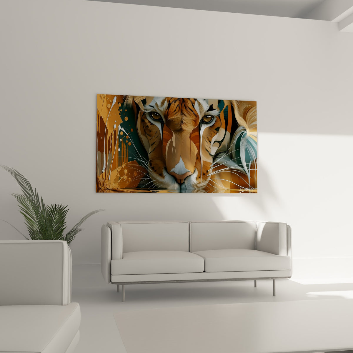 Yeux ambrés du tigre encadrés d'ocre et de vert sombre au-dessus d'un canapé dans un salon lumineux
