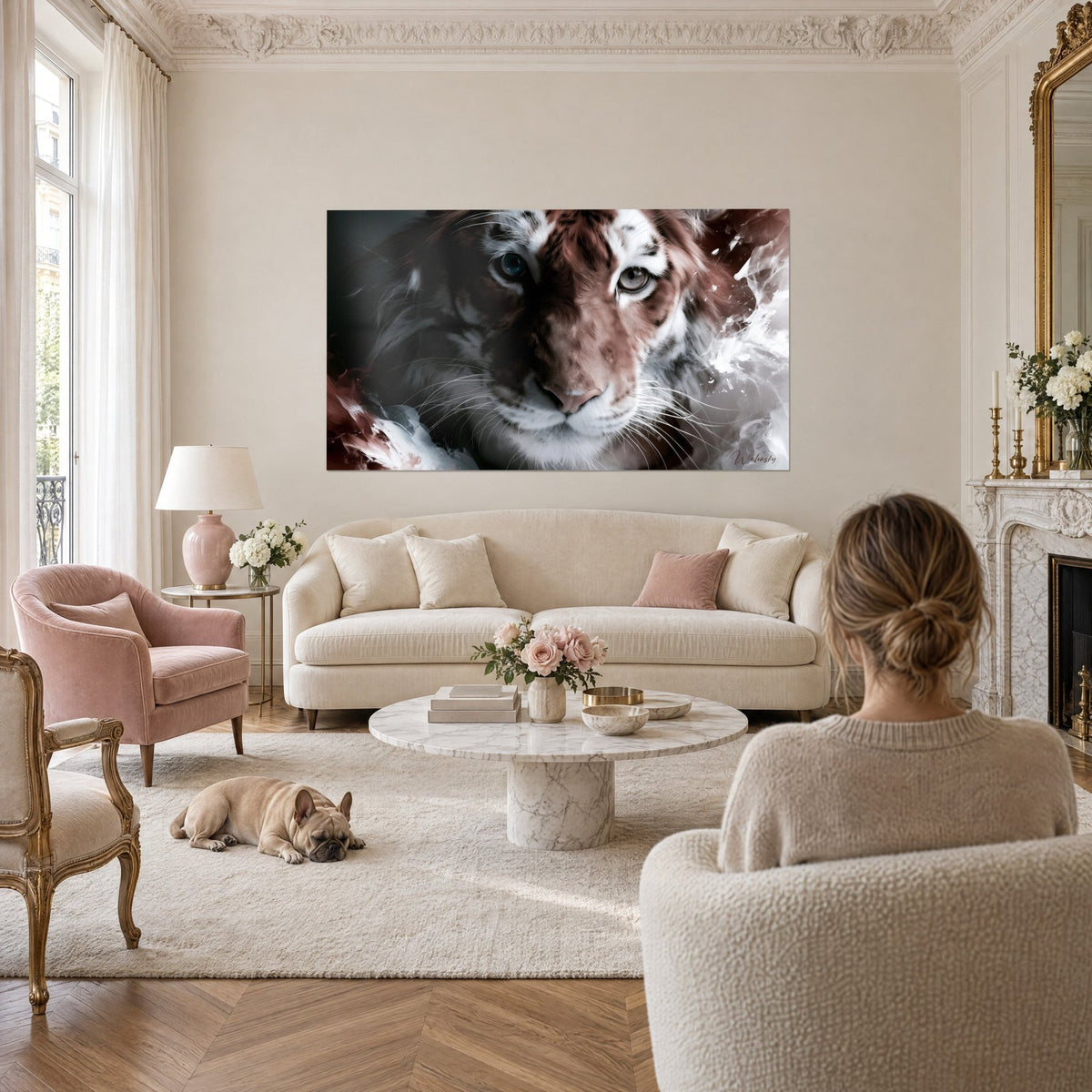 Wall art tiger with blue and amber eyes, burgundy and white coat, above a sofa in a bright living room