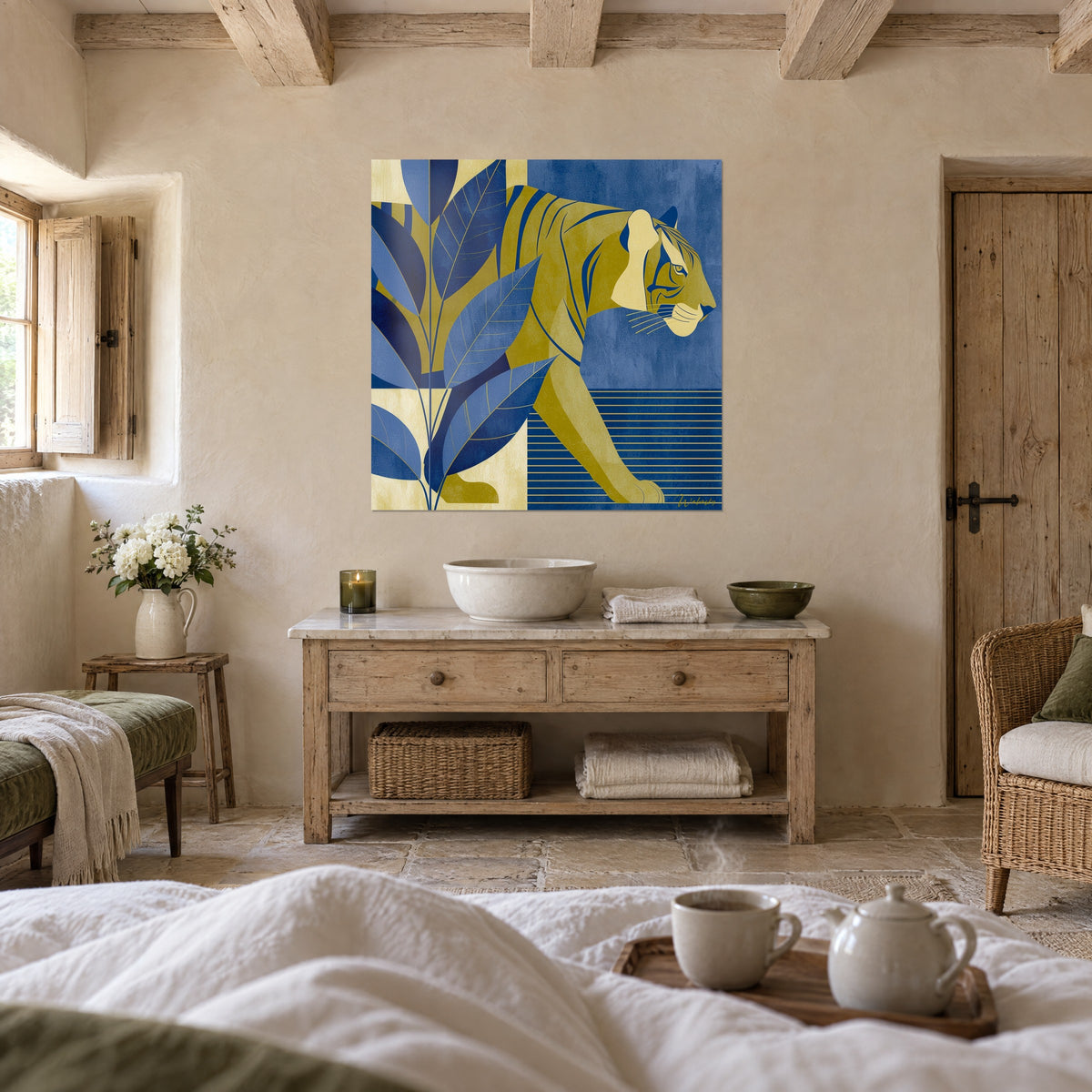Wall art of a mustard yellow striped big cat striding past cobalt blue and cream foliage, above a bed in a bright bedroom