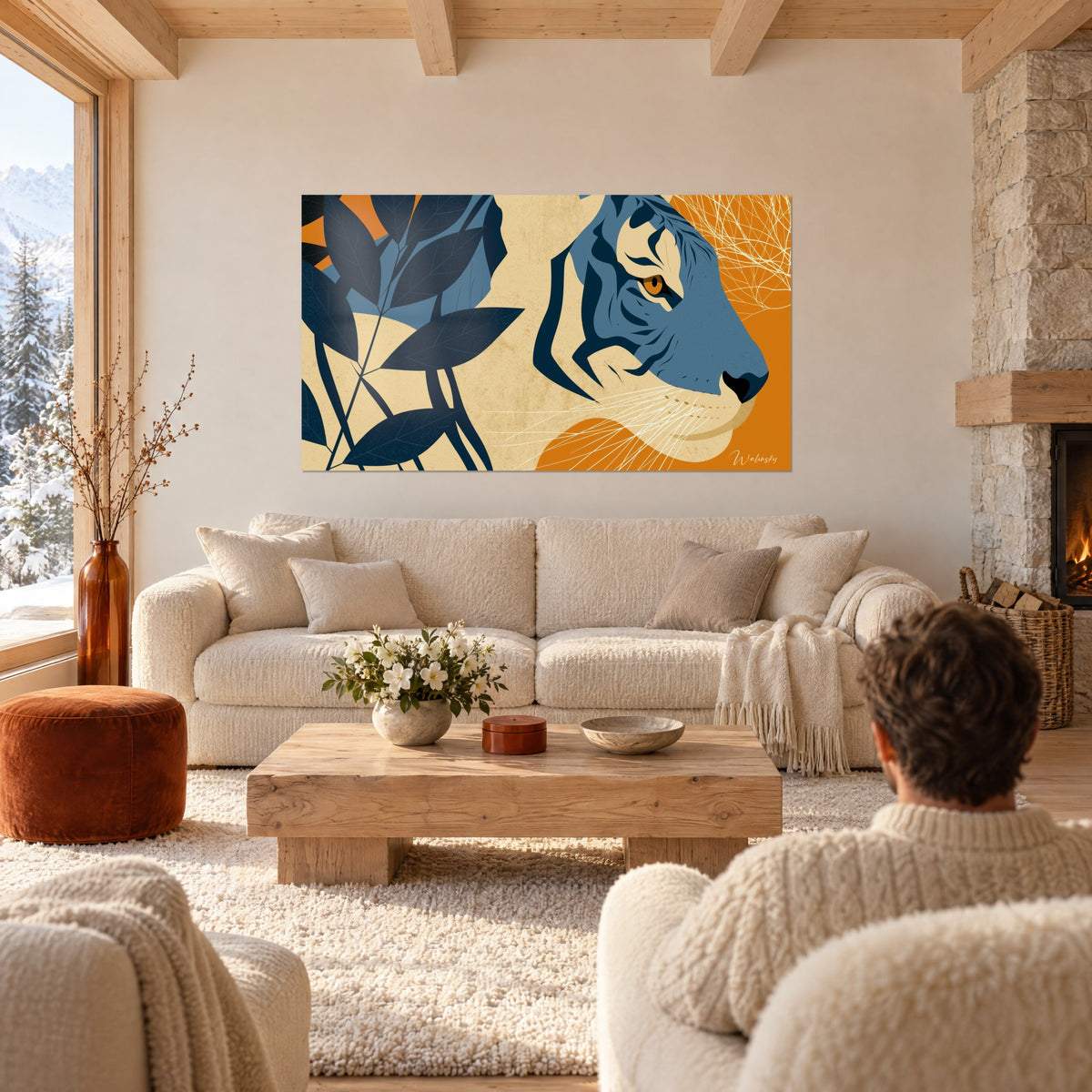 Wall art of a tiger in profile with navy and ochre stripes, graphic dark foliage, hanging above a sofa in a bright living room