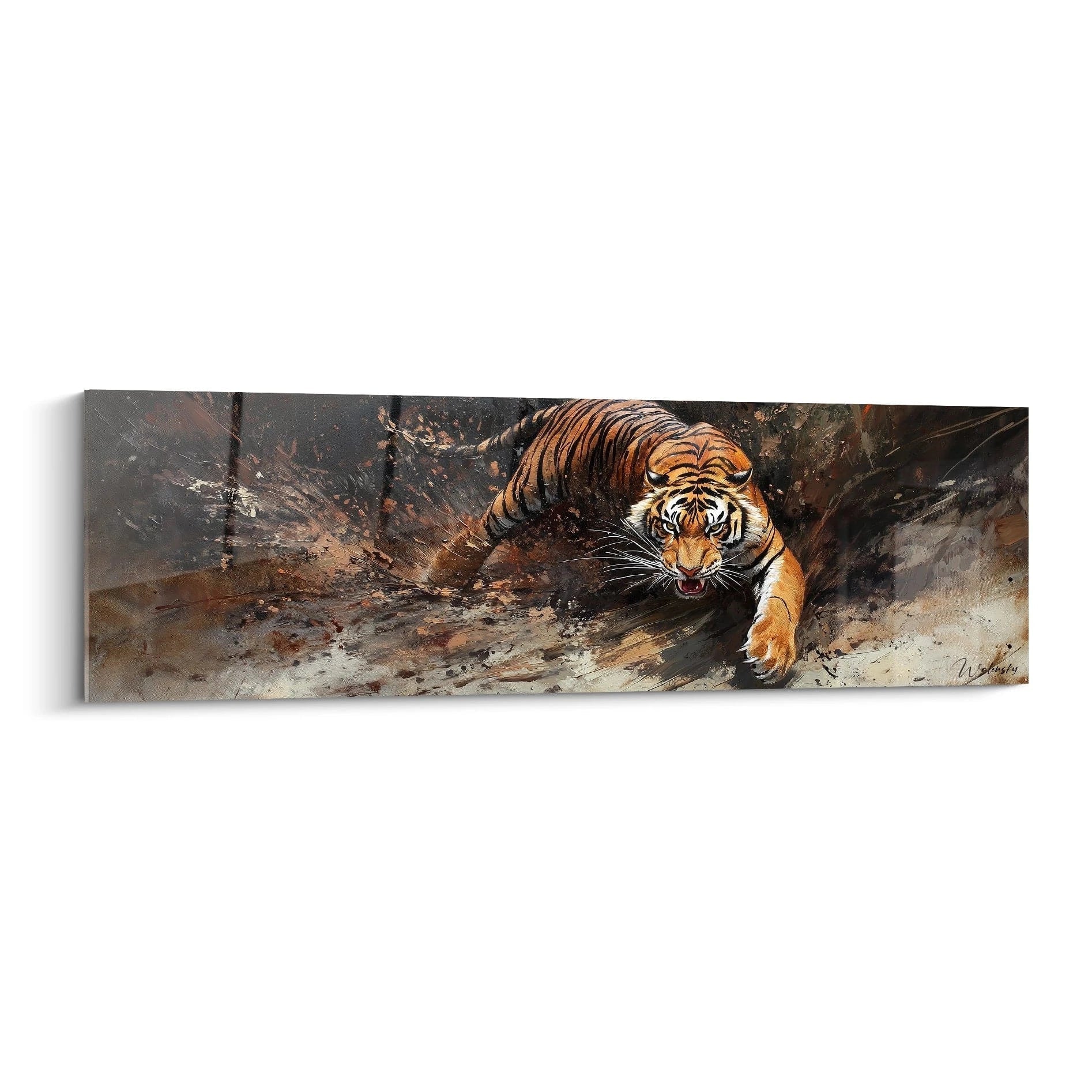 Tableau tigre Walensky représentant un tigre en mouvement dans un style artistique dynamique
