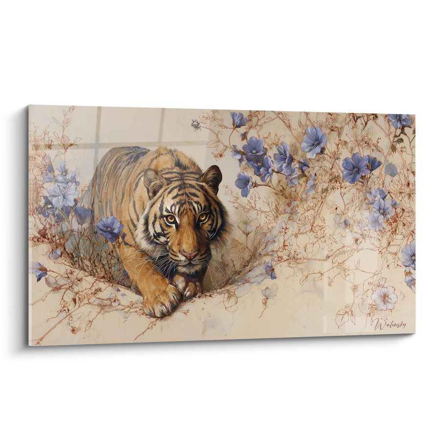 Tableau Tigre aux Fleurs Bleues sur Fond Beige - Grâce Sauvage - Edition Tigre