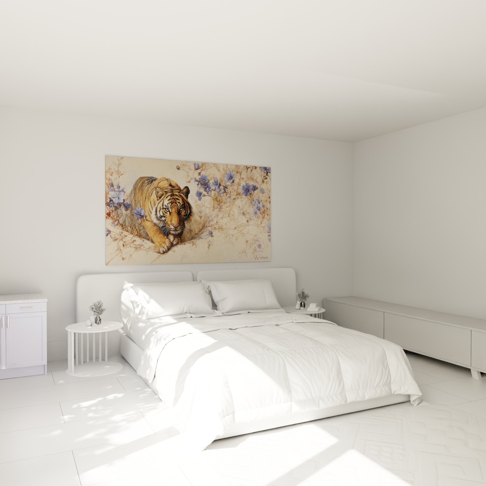 Tigerbild mit blauen Blüten im Schlafzimmer Wanddekoration Zen-Atmosphäre Natur