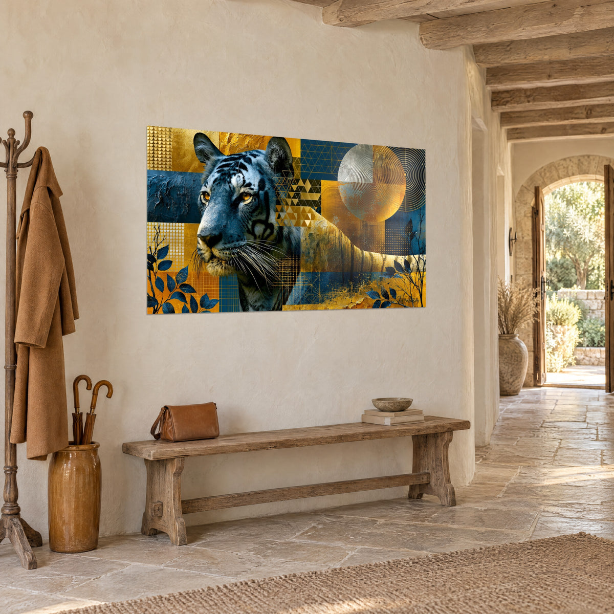 Wall art white tiger striped with black, silver disc and ochre triangles, hung near a stone arch, three-quarter view