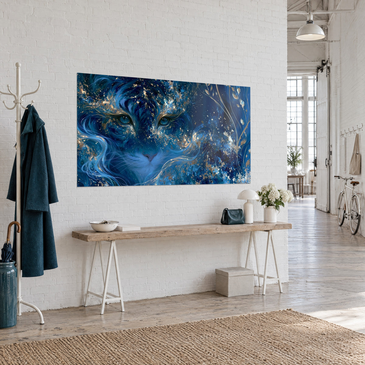 Schilderij mythisch tijgerportret, bleekblauwe snuit en amberkleurige glinsteringen op zeeblauwe achtergrond, driekwart beeld in een lichte gang