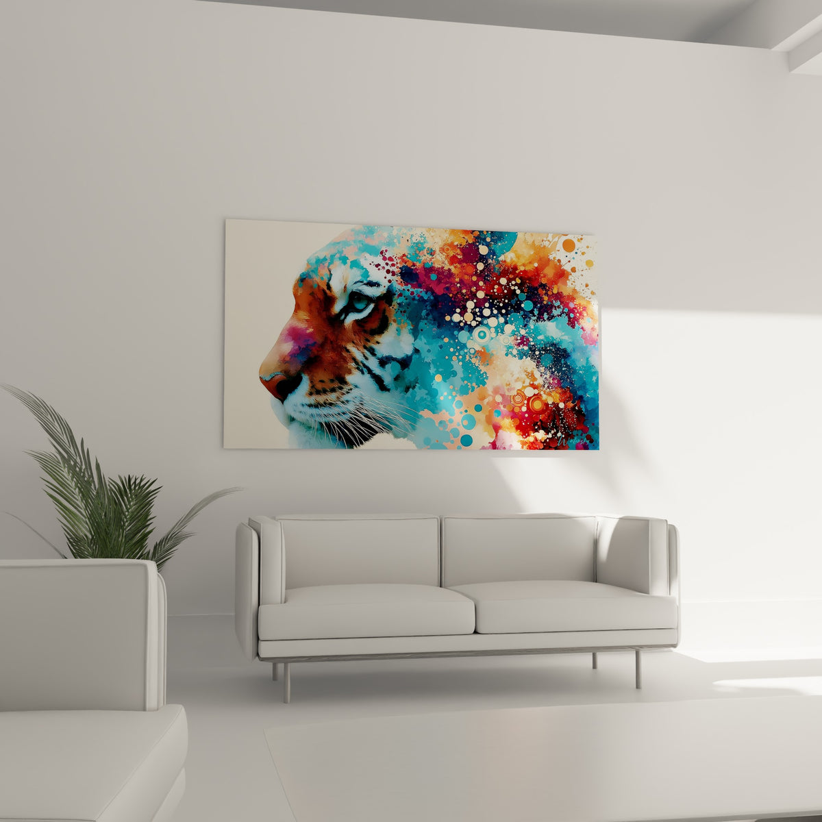 Profil félin mêlant fourrure fauve réaliste et explosion bleu orangé, au-dessus d'un canapé dans un salon lumineux