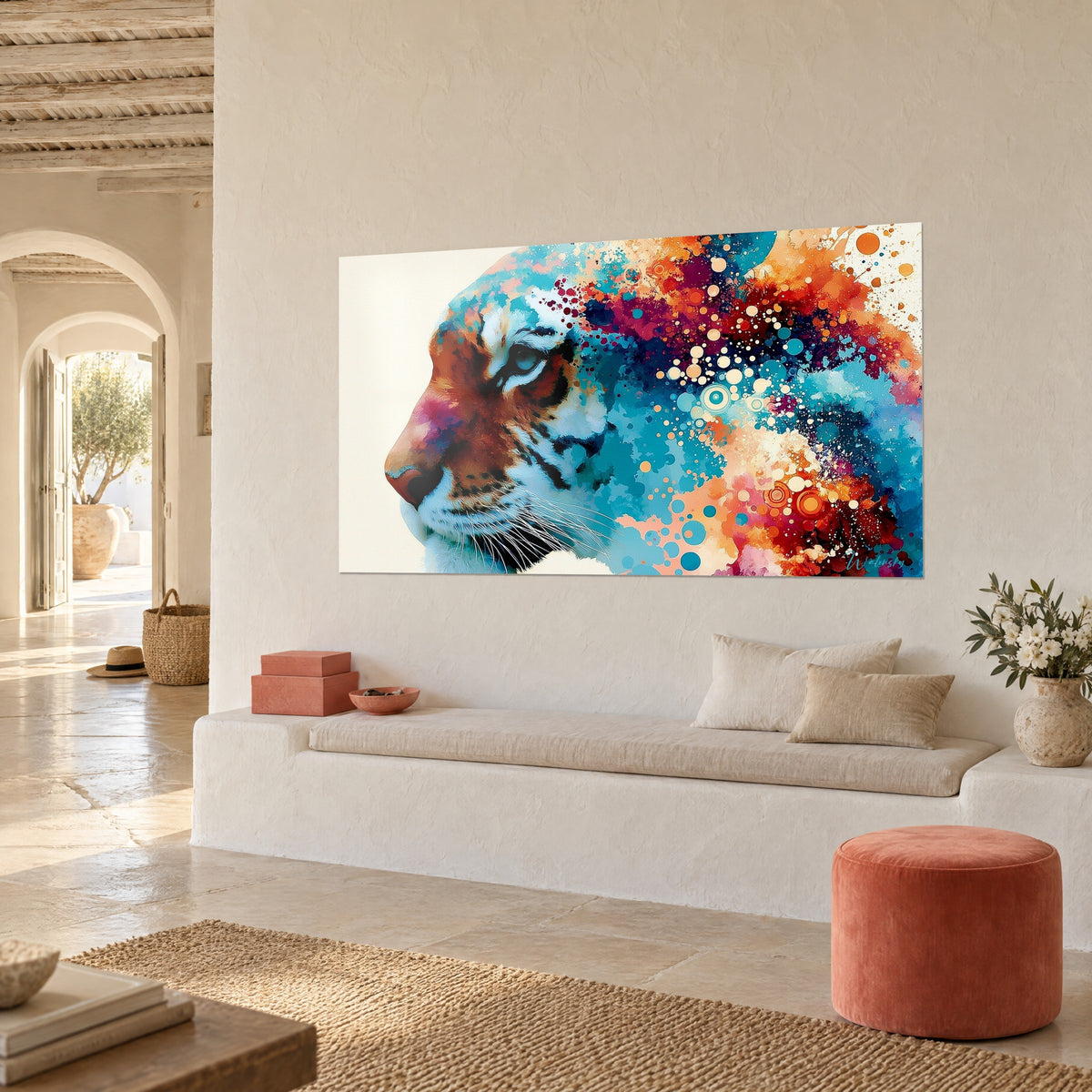 Tableau tigre bleu glacier aux moustaches blanches, taches rouge carmin et cercles crème, mur beige, banquette blanche et pouf corail
