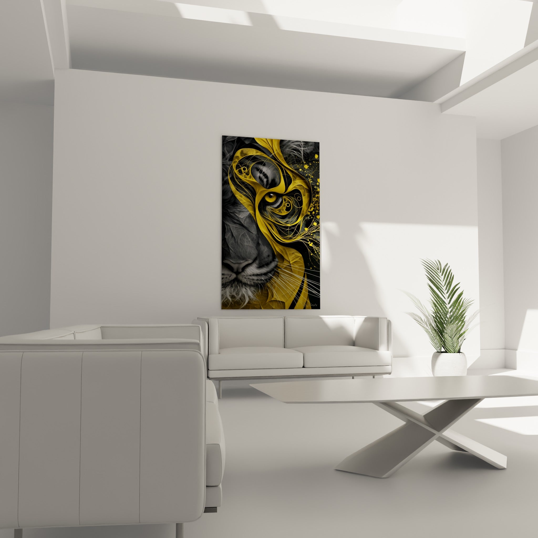 Œil de tigre jaune vif entouré de motifs dorés fluides, au-dessus d'un canapé dans un salon lumineux.