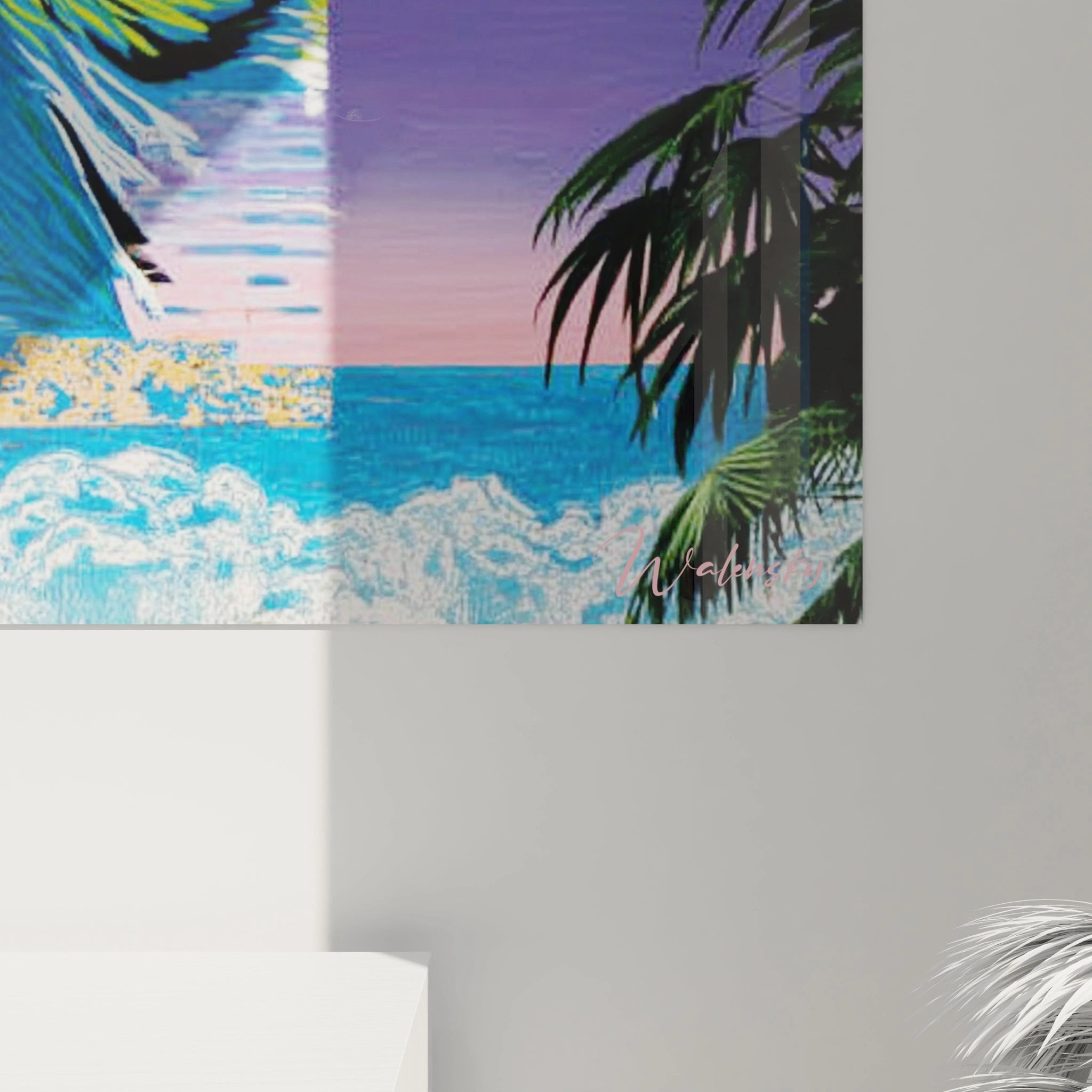 Tableau mural Walensky tableau tigre psychédélique représentant une plage tropicale aux couleurs vives lilas et turquoise