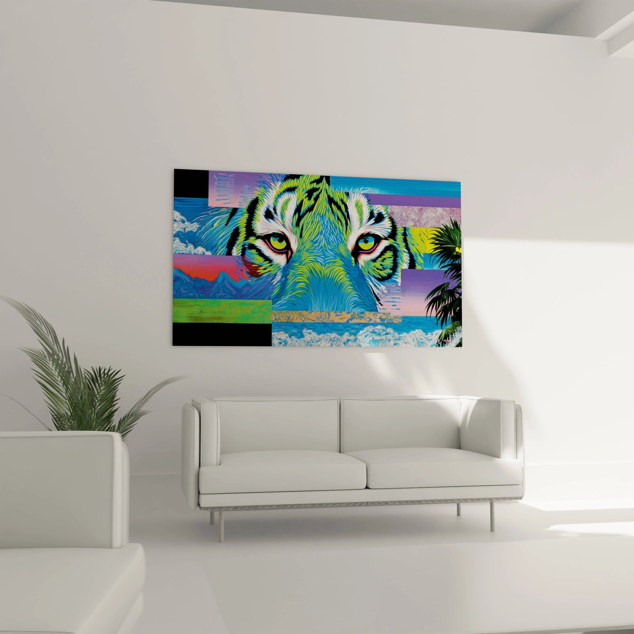 Walensky tableau tigre psychédélique grand format coloré avec yeux perçants décor mural contemporain