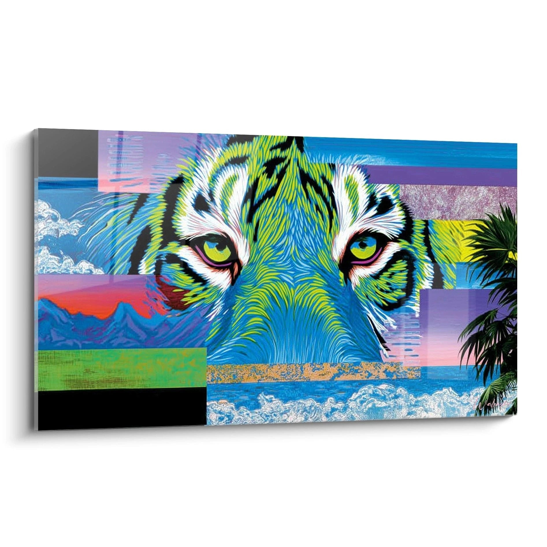Tableau mural Walensky tableau tigre psychédélique couleurs vives bleu vert rose visage tigre stylise paysage tropical