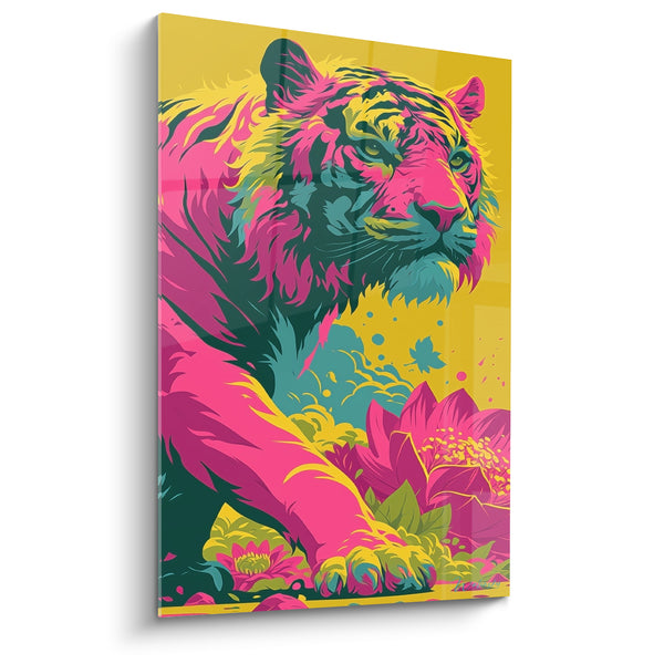 Tableau Tigre rose et jaune parmi les nénuphars - Griffes vertes et lotus - Edition Tigre