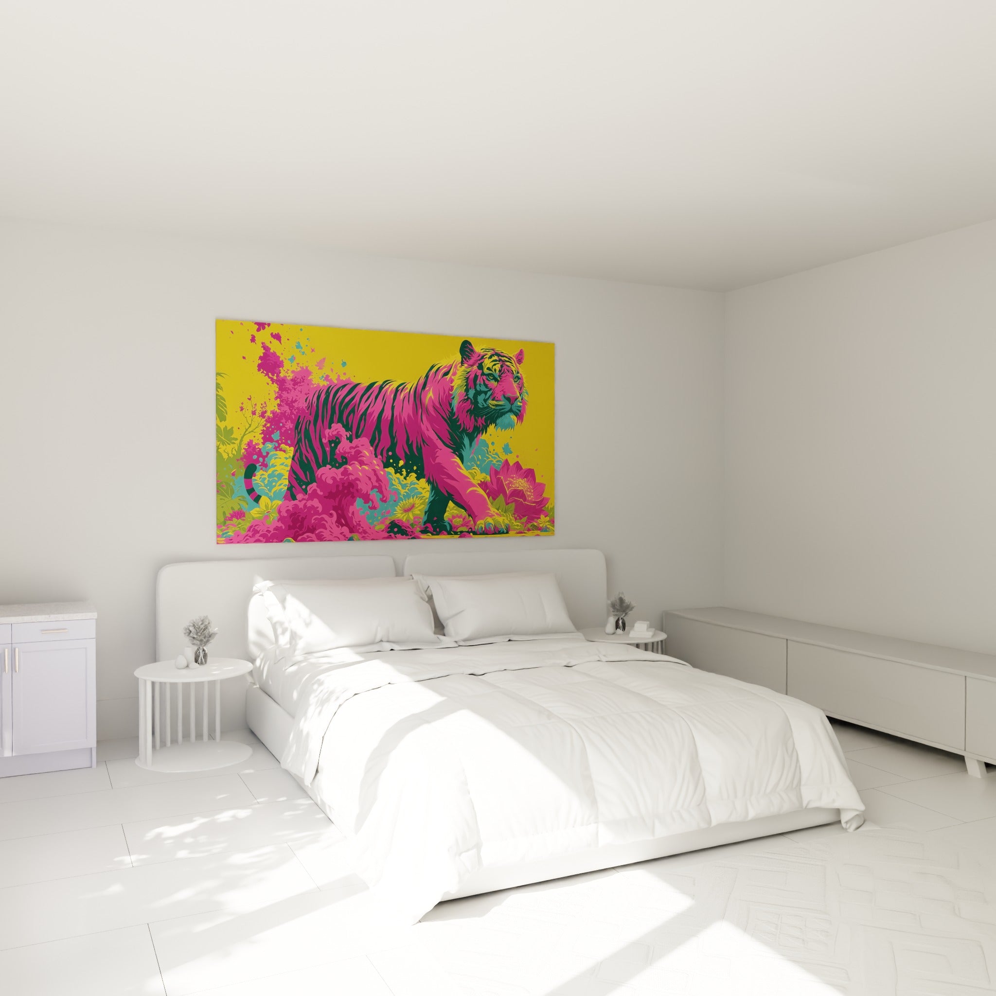Fauve rose et turquoise émergeant d'un nuage floral, accroché au-dessus d'un lit dans une chambre claire