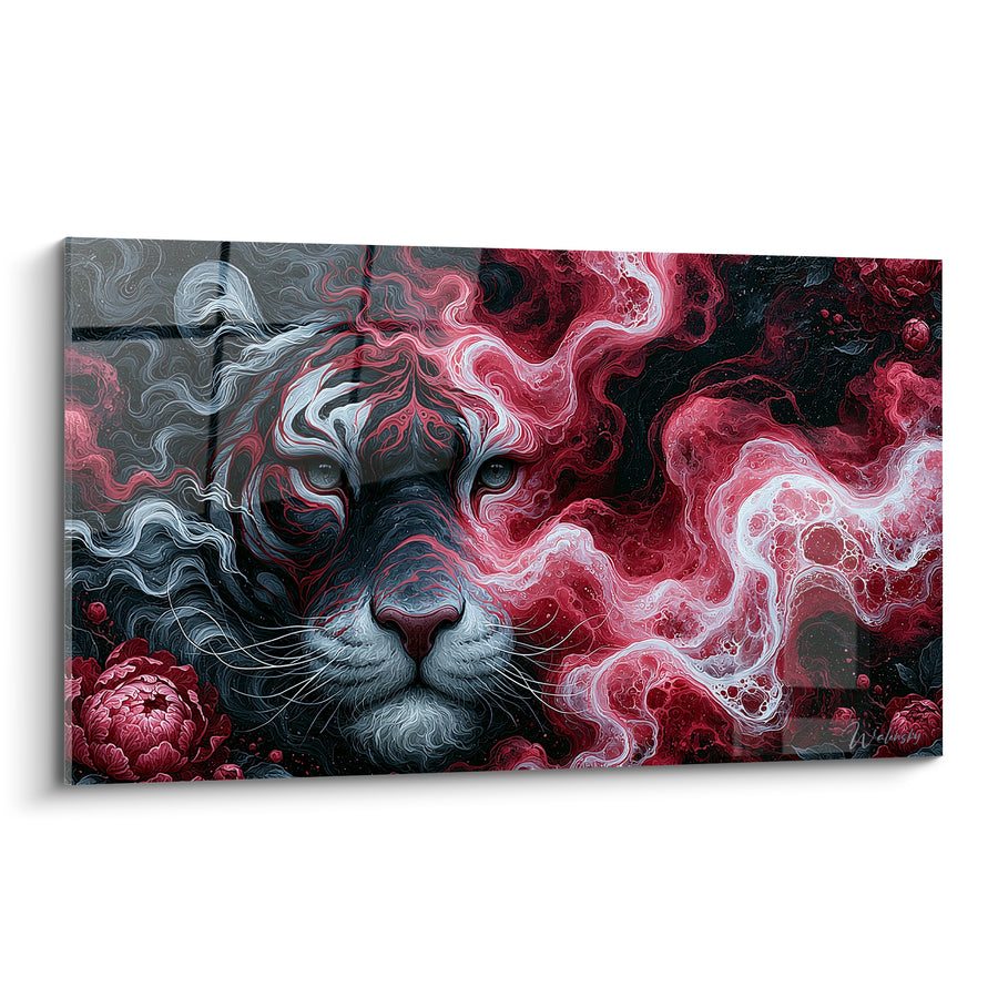 Tableau Tigre fusionné volutes rouges et anthracite - Fumée écarlate - Edition Tigre