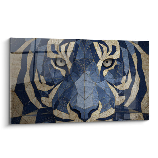 Cuadro Tigre Geométrico Azul y Dorado con Motivos Poligonales - Majestad Moderna - Edición Tigre