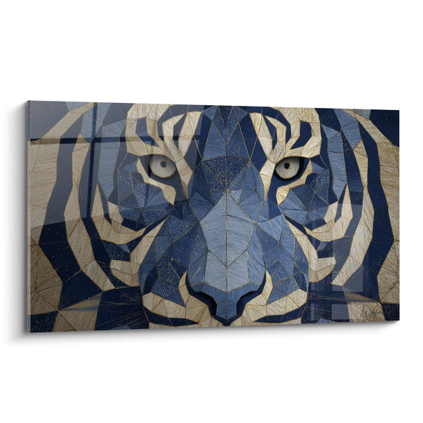 Geometrische Blauw en Goud Tijger Schilderij met Veelhoekige Patronen - Moderne Majesteit - Tijger Editie