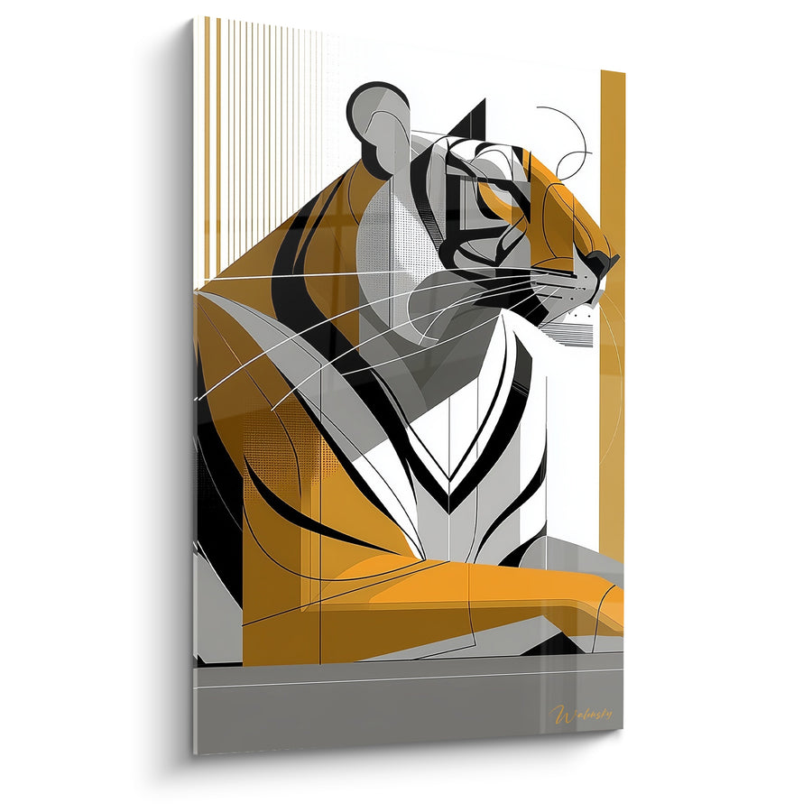 Tableau Tigre géométrique ambre et gris aux lignes filaires - Silhouette abstraite anguleuse - Edition Tigre