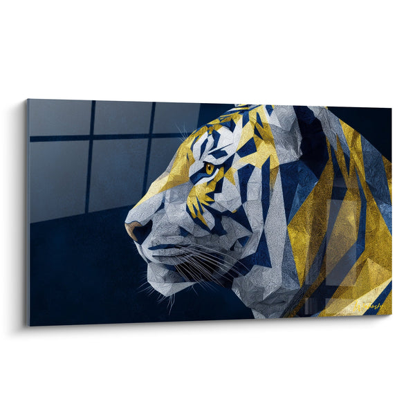 Geometrische Gouden en Blauwe Tijger Schilderij - Moderne Majesteit - Tijger Editie
