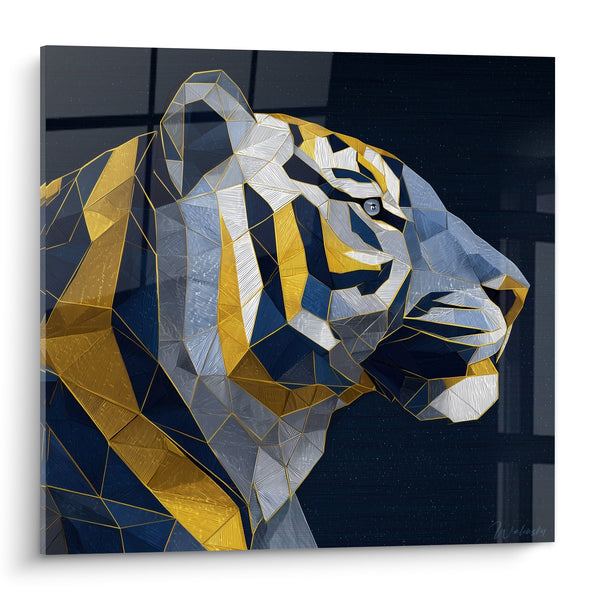 Tableau Tigre Géométrique Doré et Bleu Profil Majestueux - Fauve Polygonal - Edition Tigre