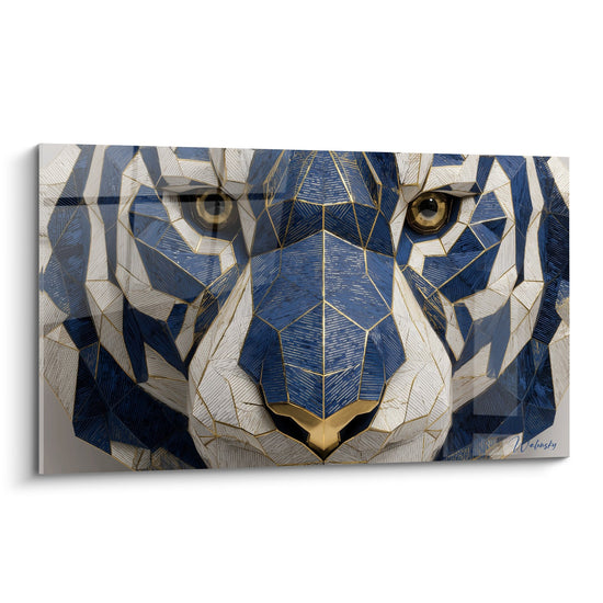 Geometrisches Mosaik-Bild Blau und Gold mit intensivem Blick - Fragmentierte Majestät - Tiger Edition