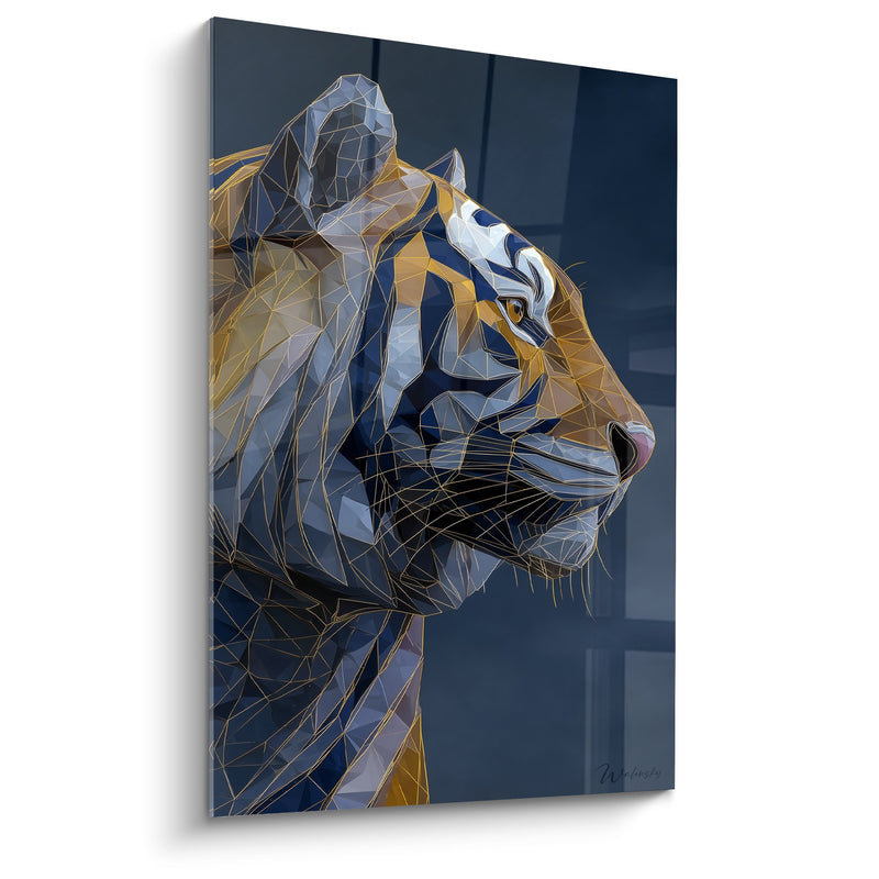 Geometrisches Tiger-Gemälde Blau und Gold im Polygonalen Relief - Facettierte Majestät - Tiger Edition