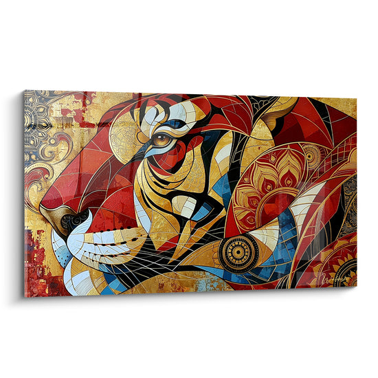 Tigre au profil géométrique rouge et doré, œil brun perçant, motifs ornementaux bleu pastel