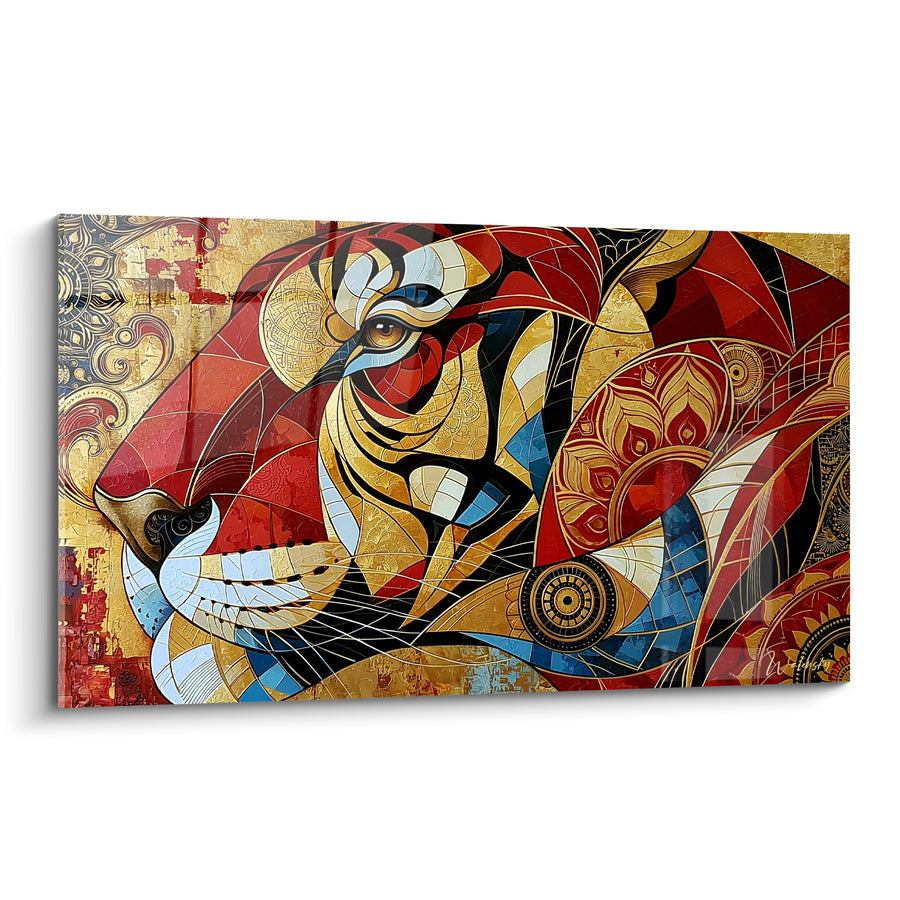 Tableau Tigre géométrique rouge et doré ornemental - Rite ancestral doré - Edition Tigre