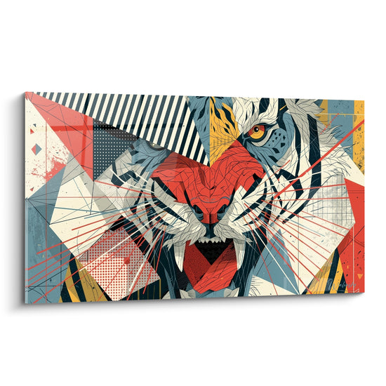 Tigre géométrique au rugissement rouge et bleu ardoise, museau fragmenté en facettes anguleuses