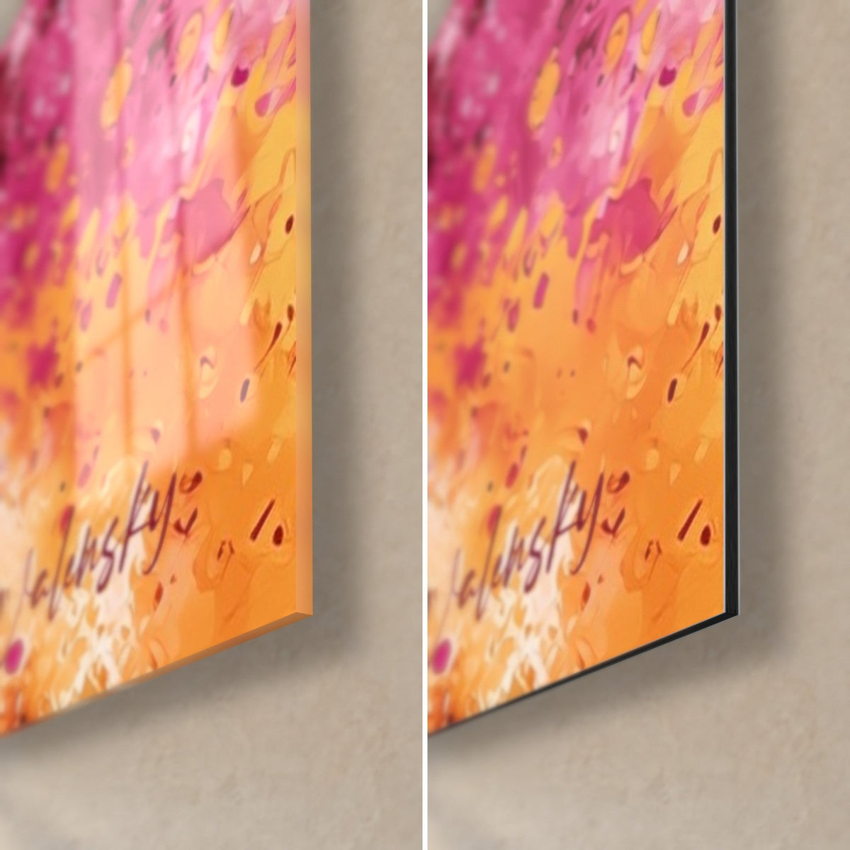 Gemälde Tiger mit Farbspritzern, untere rechte Ecke: glänzendes Acrylglas mit Reflexen, mattes orangefarbenes und rosa Dibond, schwarze 3-mm-Kante