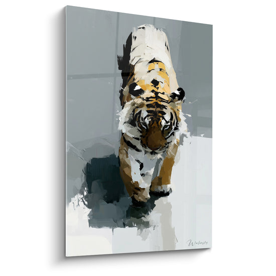 Tableau Tigre fauve et gris avançant sur ombre floue - Marche vue de face - Edition Tigre