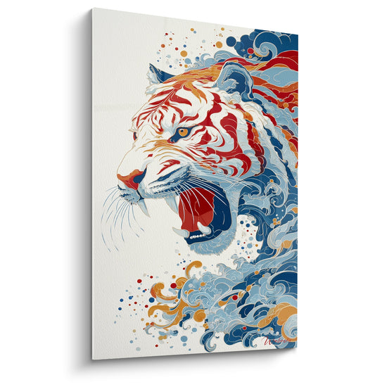 Tableau tigre rugissant rouge et bleu style japonais avec vagues stylisées art asiatique contemporain