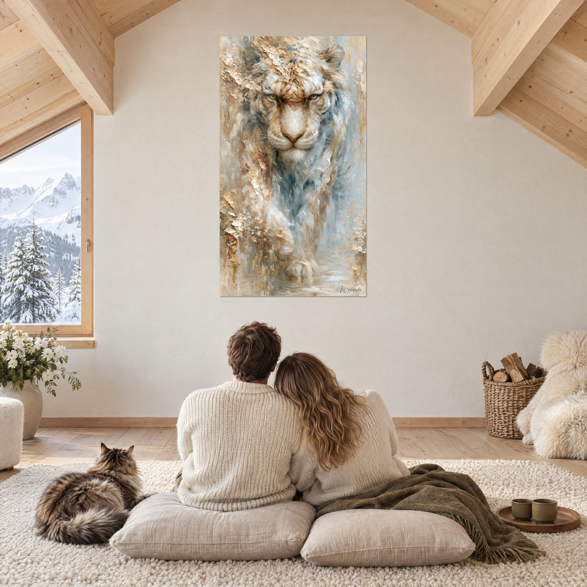 Tableau portrait de tigre en pâte épaisse crème, or et bleu doux, mur de chalet, pièce mansardée sous les poutres