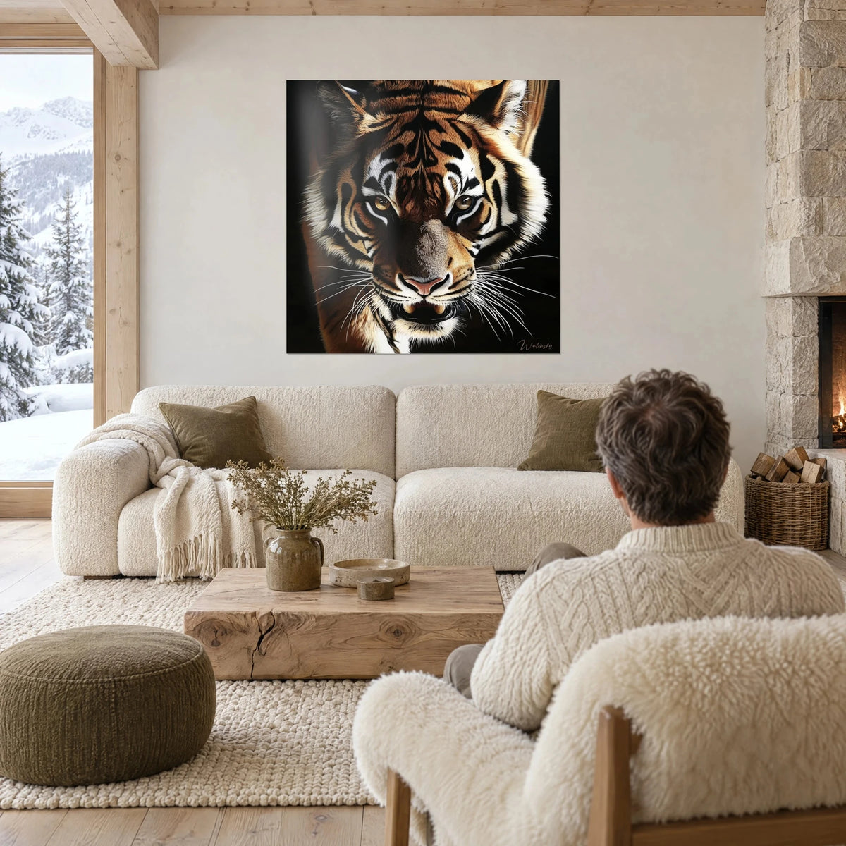 Tableau tigre au regard ambré, rayures noires et orange sur fond sombre, au-dessus d'un canapé dans un salon lumineux