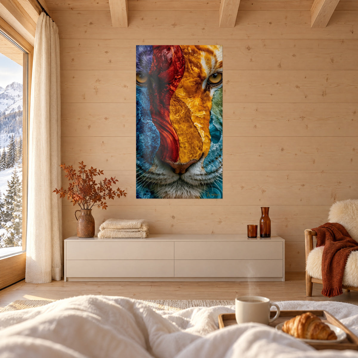 Tableau tête de tigre en marbrures bleu glacier et jaune safran, au-dessus d'un lit dans une chambre claire