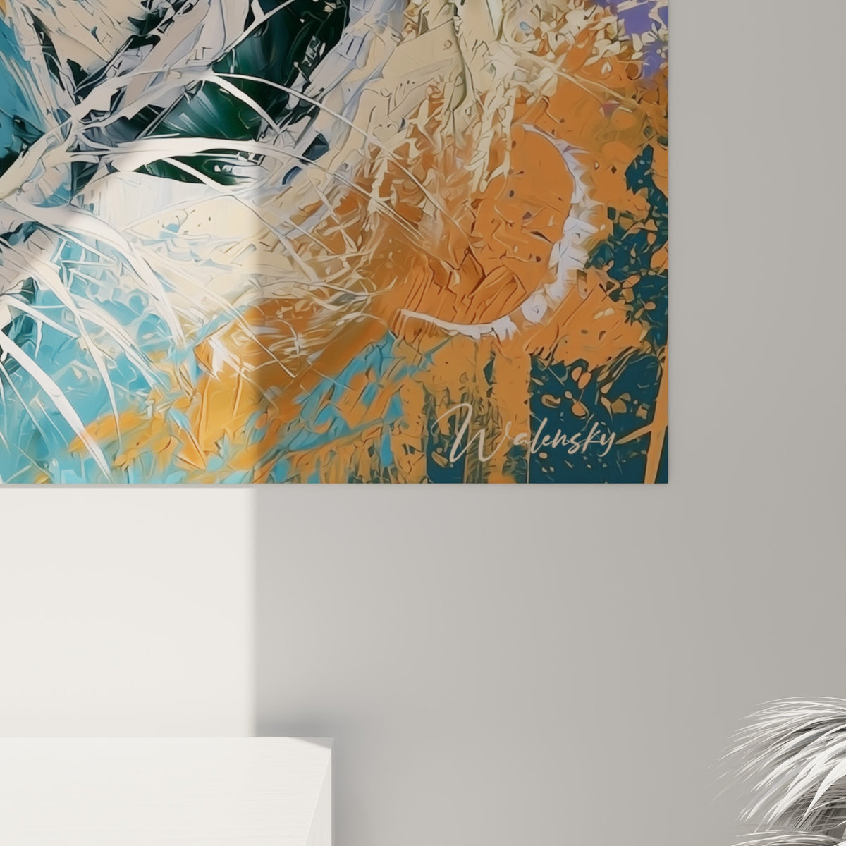 Empâtements bleu pétrole et coulures orange se mêlant au grain de la toile près du regard ambré du tigre