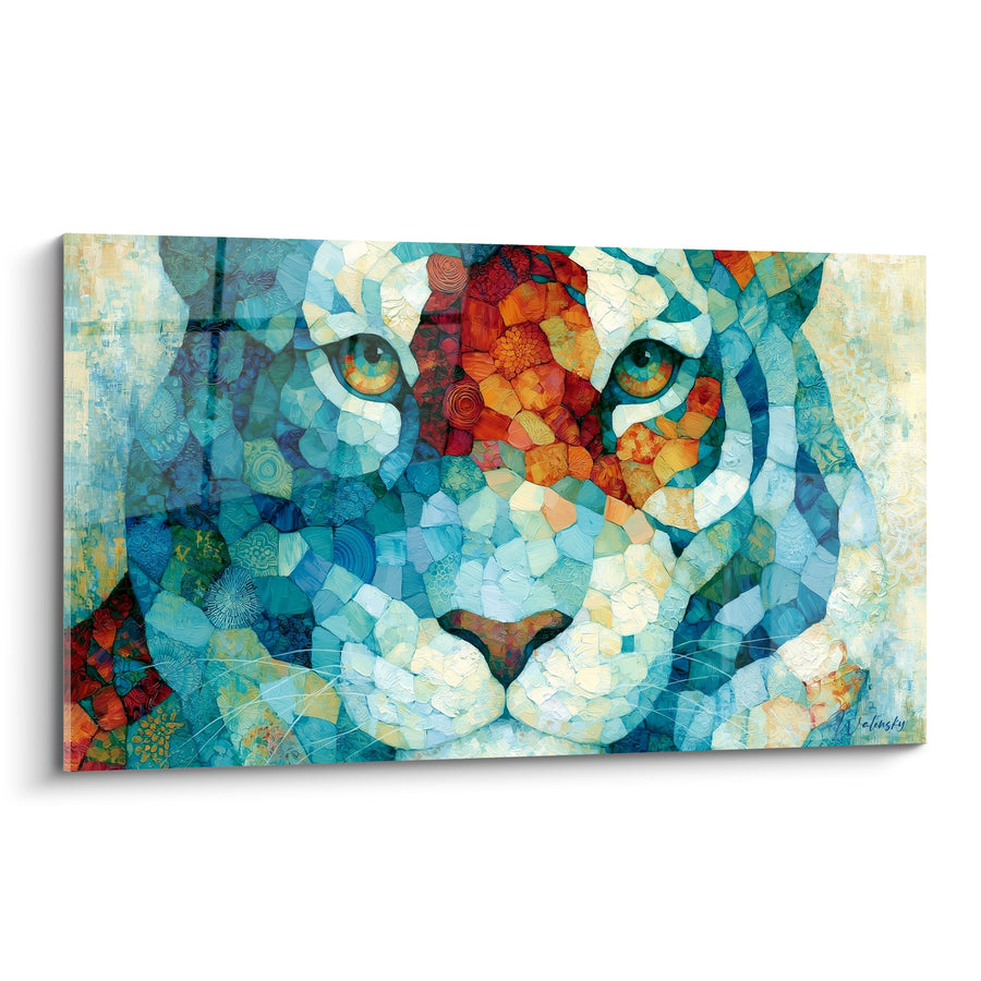 Tableau Tigre visage turquoise et rouille en mosaïque - Yeux vert d'eau - Edition Tigre