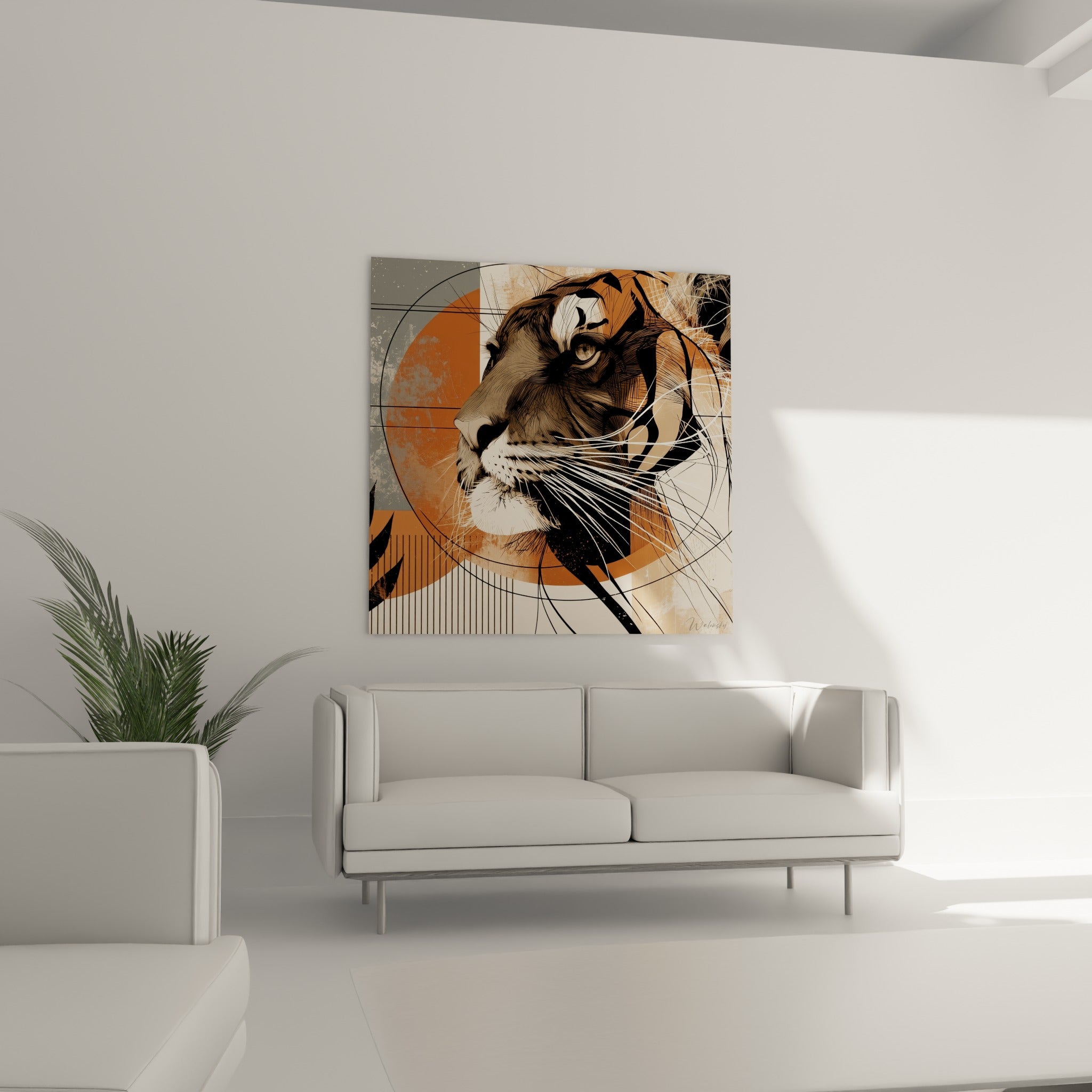 Portrait de tigre terracotta et crème, moustaches blanches détaillées, au-dessus d'un canapé dans un salon lumineux