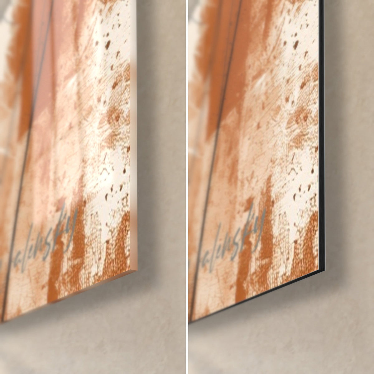 Gemälde Tiger im Profil, untere rechte Ecke: glänzendes Acrylglas und mattes beige-rostfarbenes Dibond, schwarze Kante von 3 mm