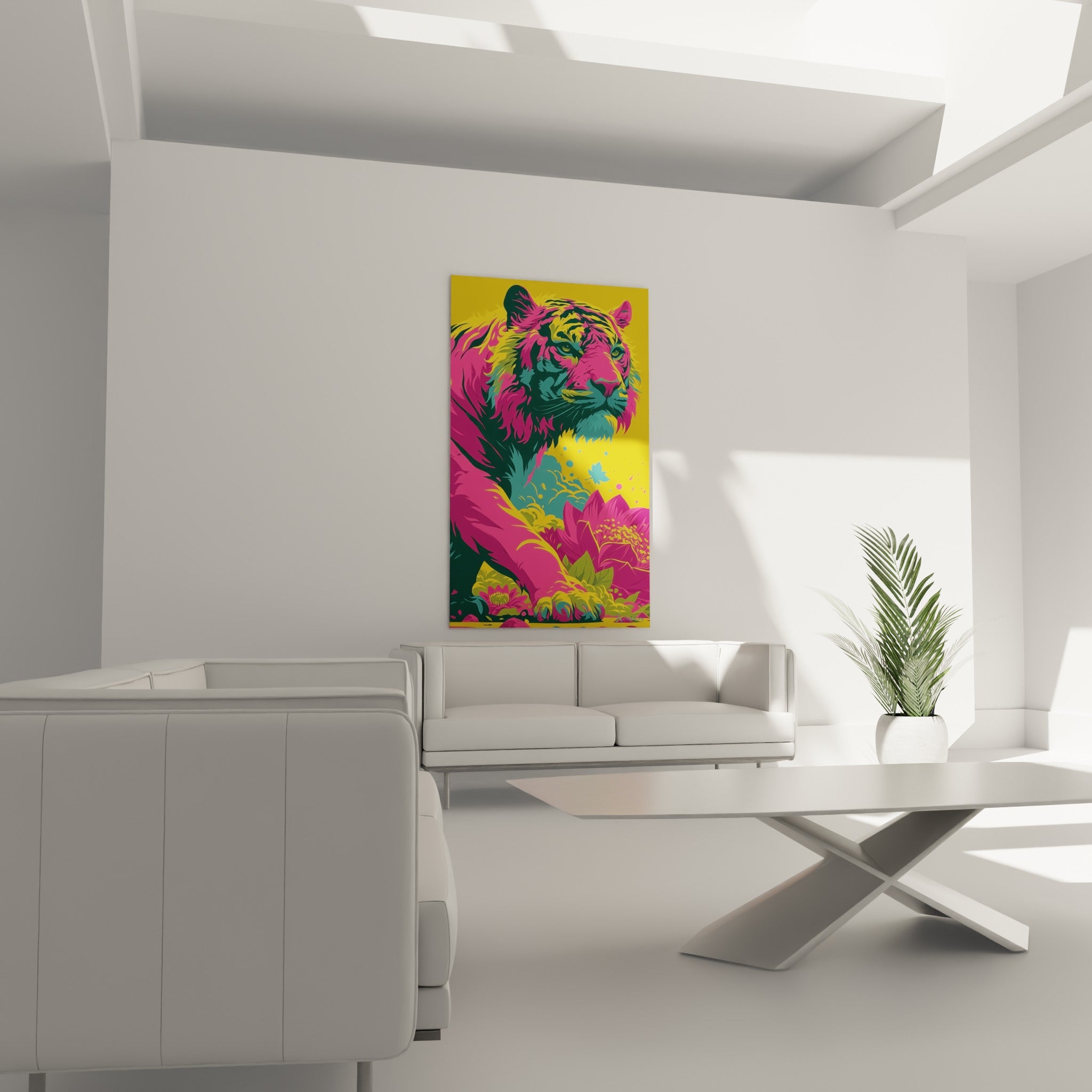 Tigre puissant aux teintes jaune moutarde et rose vif, installé au-dessus d'un canapé dans un salon lumineux