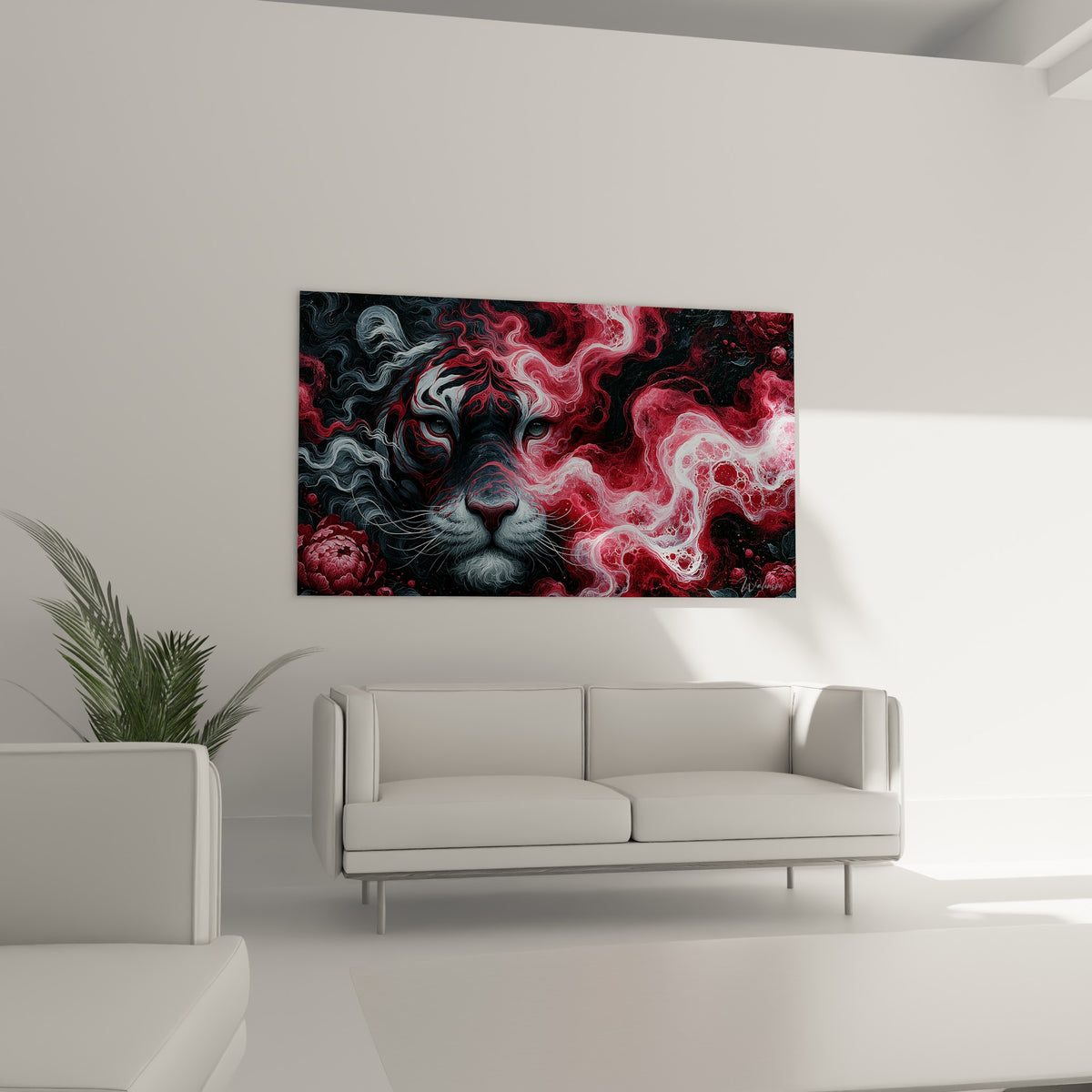 Museau blanc du tigre traversé de filaments rouges et noirs, au-dessus d'un canapé dans un salon lumineux