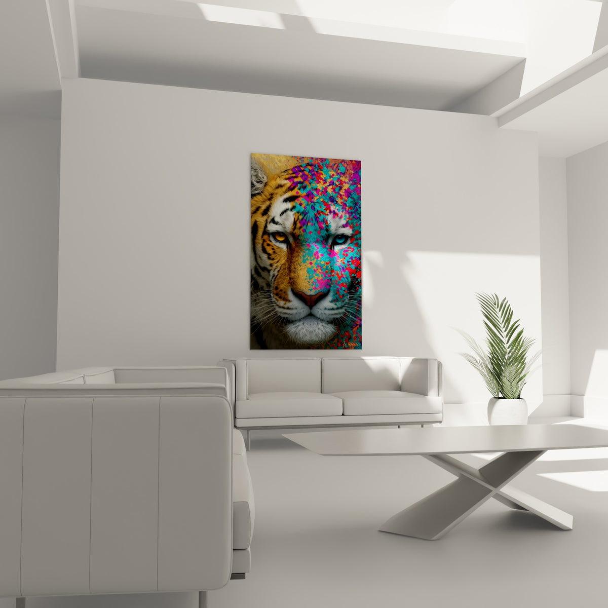 Museau blanc du tigre entouré de fourrure dorée et d'éclats magenta, au-dessus d'un canapé dans un salon lumineux