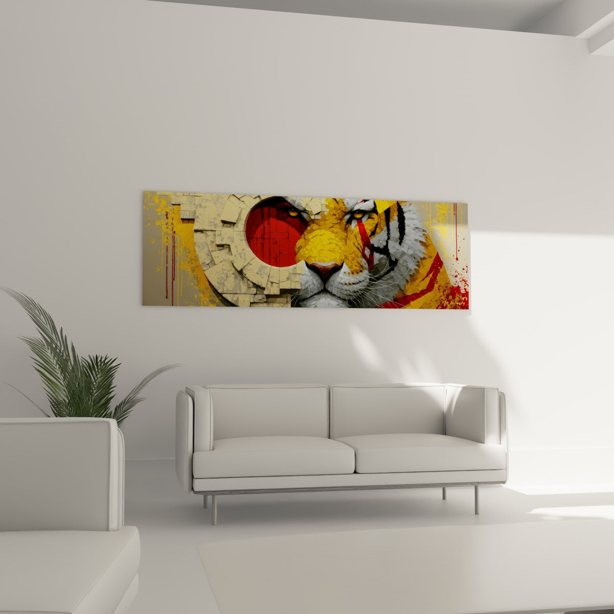 Museau blanc et rayures noires du tigre doré sur fond de pierre, au-dessus d'un canapé dans un salon lumineux.