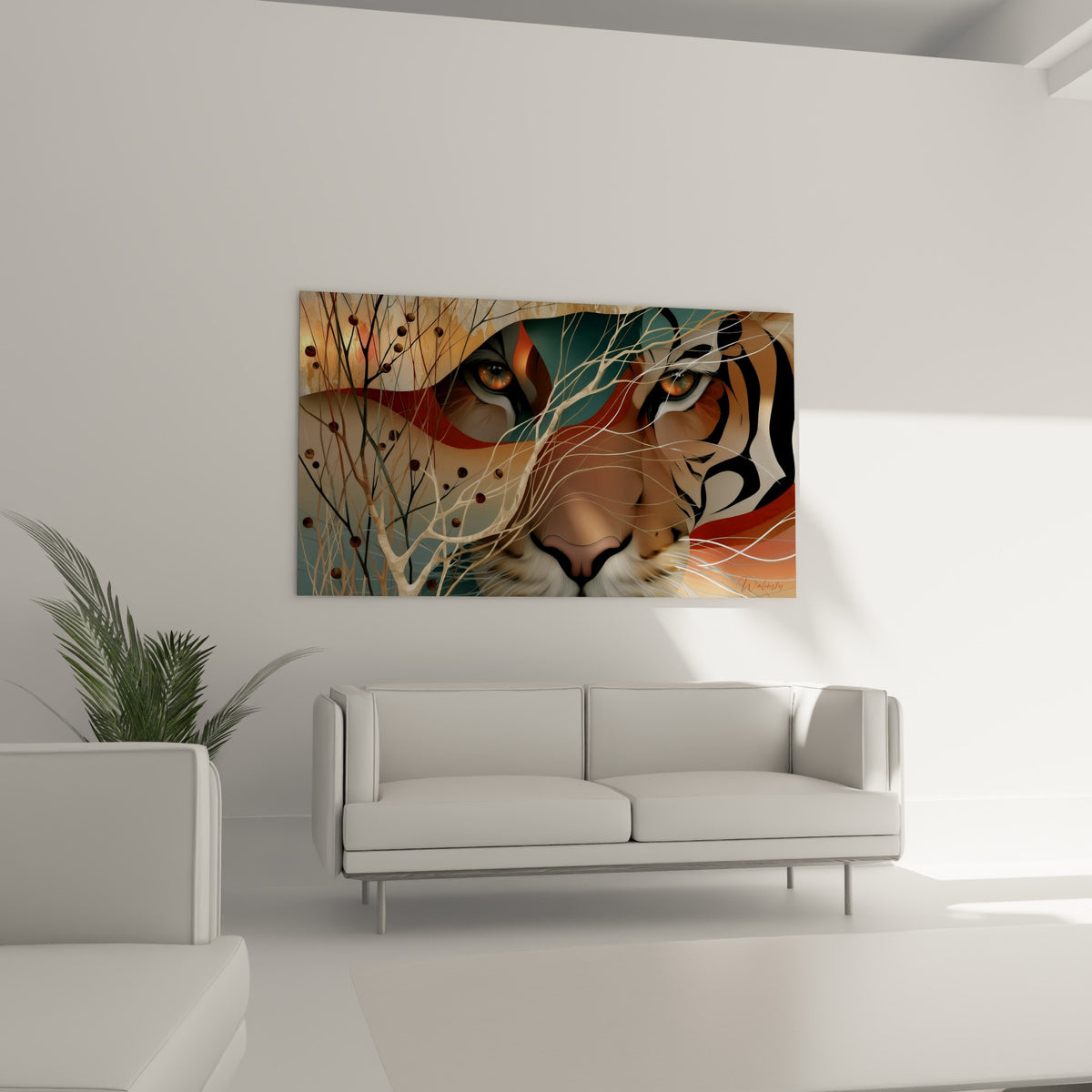 Museau blanc du tigre encadré de terracotta et anthracite, au-dessus d'un canapé dans un salon lumineux