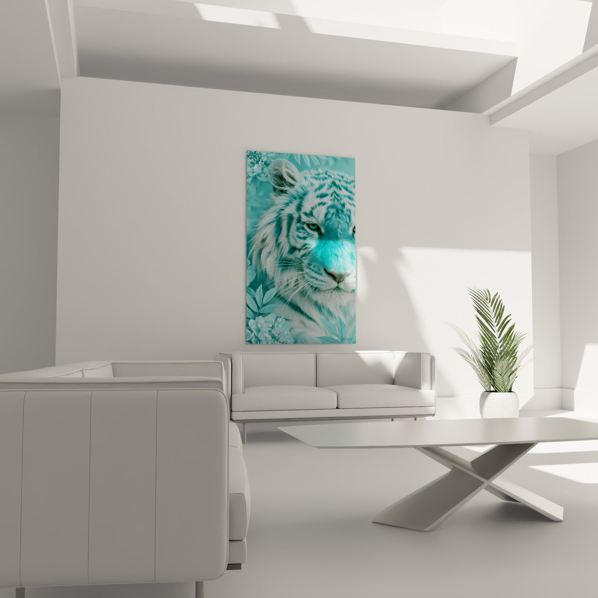 Museau félin blanc et bleu pastel installé au-dessus d'un canapé dans un salon lumineux