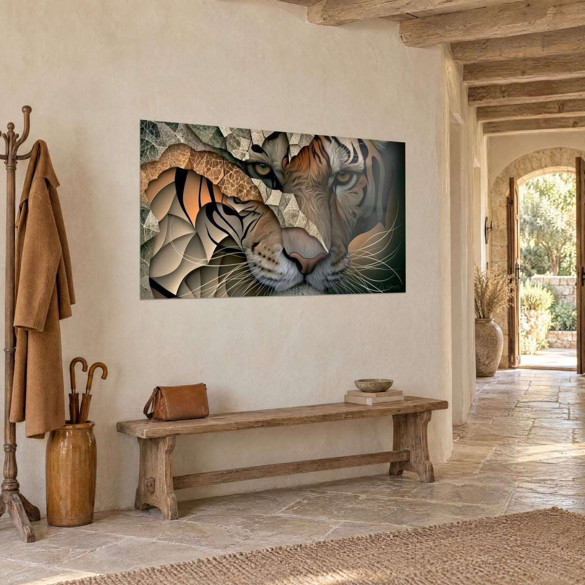 Wall art geometric feline with cream and orange facets, pink muzzle, three-quarter view in a light stone entrance hall