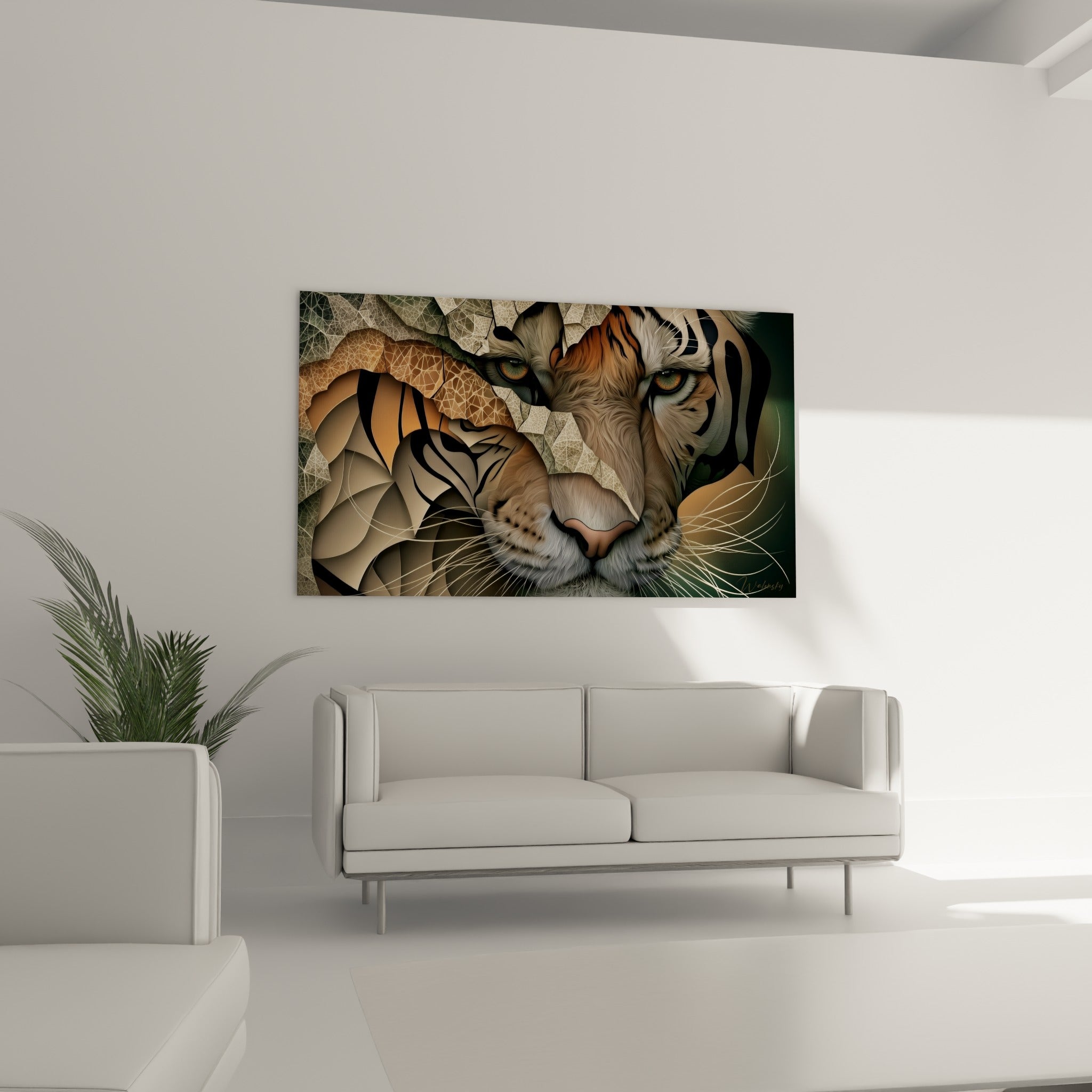 Museau du tigre aux moustaches blanches et pelage doré, disposé au-dessus d'un canapé dans un salon lumineux