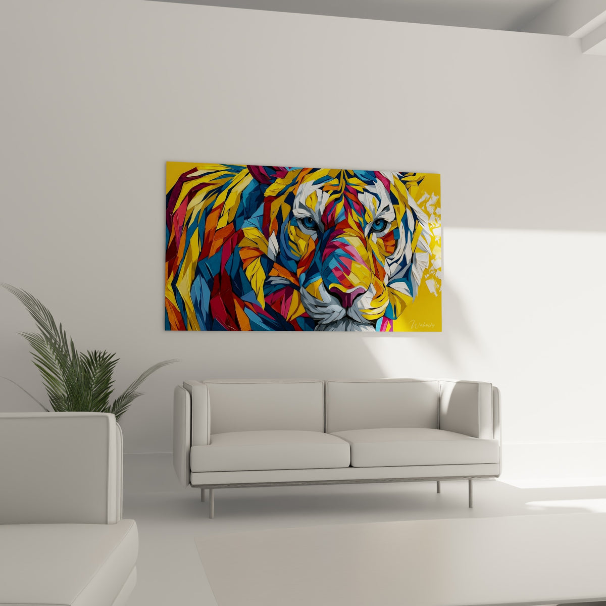Museau du tigre facetté jaune, bleu et rose accroché au-dessus d'un canapé dans un salon lumineux